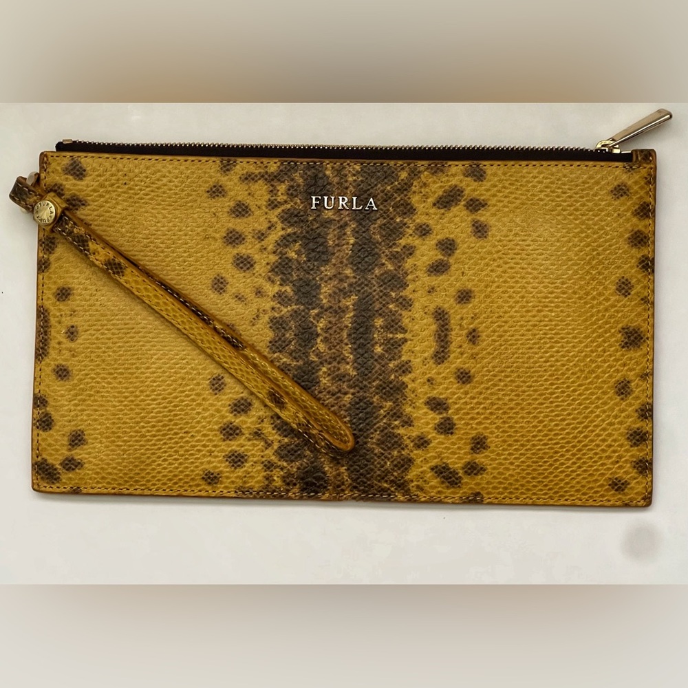 Furla pochette clutch wristlets in a yellow and brown snakeskin python-embossed